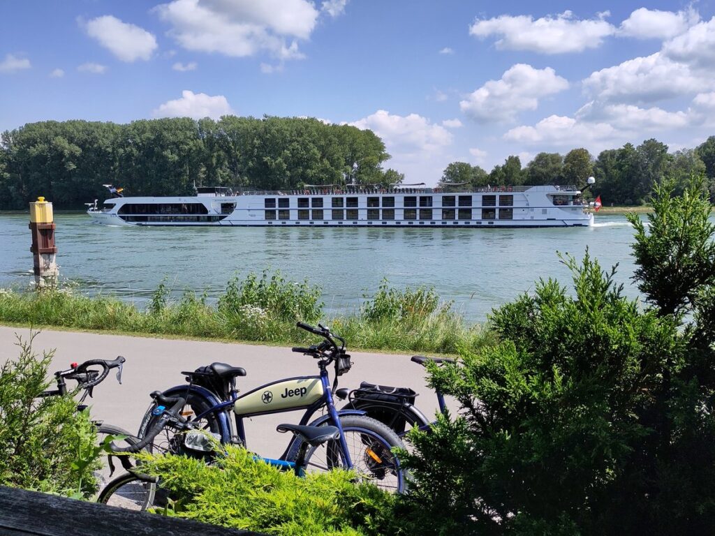 Blick vom Biergarten auf den Rhein, Ausflugschiff